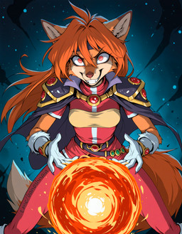 anthro crazy_eyes explosion female fire fireball grin hair long_hair magic_user red_eyes red_hair smile solo djar17 slayers lina_inverse canid canine fox mammal absurd_res hi_res