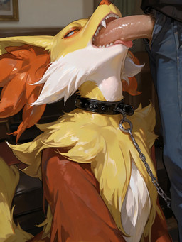 ambiguous_gender anthro collar duo fangs fellatio fur genitals human_on_anthro interspecies male oral penile penis red_body sex tongue tongue_out tuft yellow_body yellow_fur dot_8 nintendo pokemon canid canine delphox fox generation_6_pokemon human mammal pokemon_(species) hi_res