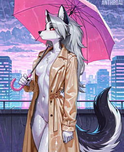 anthro breasts chest_tuft city city_background clothed clothing cloud coat eyeshadow female fur grey_body grey_fur grey_hair hair half-closed_eyes holding_object jacket makeup medium_breasts narrowed_eyes notched_ear open_clothing open_jacket open_topwear outside raining red_sclera solo standing text topwear trenchcoat tuft umbrella wet wet_body wet_fur white_body white_fur anthroai helluva_boss loona_(helluva_boss) canid canine canis mammal wolf 2025 english_text hi_res signature