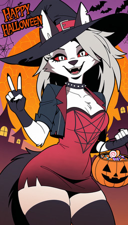 anthro building candy clothed clothing collar countershading dessert fangs female food front_view fur gesture grey_hair hair halloween halloween_costume hat headgear headwear jack-o'-lantern jacket open_mouth open_smile red_sclera smile smiling_at_viewer solo spider_web spiked_collar spikes teeth text topwear trick-or-treating v_sign white_body white_fur witch_hat z4k1 helluva_boss loona_(helluva_boss) ambient_bat canid canid_demon demon hellhound mammal absurd_res hi_res portrait three-quarter_portrait yiffymix_(model)