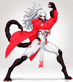 3_toes accessory action_pose anthro black_sclera bodysuit breast_curtains clawed_hands claws clothed clothing coat cybernetic_leg cybernetic_limb cybernetics dreadlocks feet female fishnet glowing glowing_markings hair hair_accessory harness machine mandibles markings open_clothing open_coat open_topwear pelvic_curtain pose red_clothing red_eyes red_markings scorpion_tail skinsuit solo tight_clothing toe_claws toes topwear white_body white_clothing white_hair loren_iipsum arachnid arthropod robot_anthro scorpion hi_res