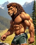 abs absurd_res anthro areola bottomwear bulge bumblebee95 clothed clothing detailed detailed_background detailed_fur felid hi_res lion male mammal mane muscular nipples pantherine pecs pubes realistic shorts solo standing topless vein