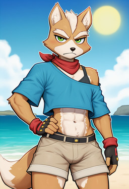 abs anthro beach blue_clothing blue_topwear bottomwear bra_straps brown_bottomwear brown_clothing clothing cloud crop_top fur gloves green_eyes handwear light male midriff muscular navel orange_body orange_fur plant red_scarf scarf seaside serious_face shirt shorts solo sunlight tail topwear water white_body white_fur pontifex nintendo star_fox fox_mccloud canid canine fox mammal hi_res