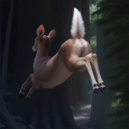 animal_genitalia animal_pussy anus black_lips blurred_background bodily_fluids brown_body brown_fur butt cervine_genitalia cervine_pussy deer_ears detailed_background detailed_fur dock_(anatomy) female female_feral feral forest fur genital_fluids genitals hooves jumping light lips looking_away multicolored_body multicolored_fur nude outside plant pussy raised_tail realistic realistic_feral realistic_fur realistic_genitalia realistic_lighting rear_view smile solo spots spotted_body spotted_fur tail_anus tree tuft white_body white_fur mysticcheetah cervid cervine mammal 1:1 detailed hi_res lighting