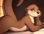 ambiguous_gender anthro arched_back arm_support bed bedroom_eyes blue_eyes blush brown_body brown_fur brown_nose butt chest_tuft countershading flat_chested fur furniture head_tuft inside lidded_eyes looking_at_viewer narrowed_eyes raised_tail seductive solo thick_thighs tuft whiskers white_chest soggaserval lutrine mammal mustelid hi_res