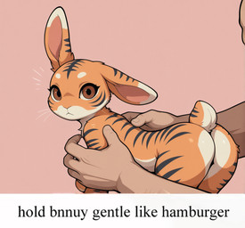 5_fingers anthro black_stripes brown_eyes butt caption countershading duo fingers fur holding_another human_on_anthro interspecies larger_human looking_at_viewer male multicolored_body multicolored_fur nude orange_body orange_fur pink_background simple_background size_difference smaller_anthro solo_focus striped_body striped_fur stripes text cartuniverse cart_(cartuniverse) felid human hybrid lagomorph leporid mammal pantherine rabbit tiger english_text meme