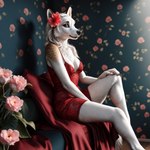 accessory anthro black_nose clothed clothing dress female floral_background flower flower_in_hair fur hair hair_accessory hand_on_leg inside looking_at_viewer plant red_clothing red_dress sitting solo stable_diffusion white_body white_fur gopossum canid mammal