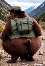 anthro anus backpack balls big_butt brown_body brown_fur butt cheek_tuft clothing crouching ears_up facial_tuft flirting fluffy fluffy_tail fur genitals hat headgear headwear looking_at_viewer looking_back looking_back_at_viewer male mountains nature nature_background orange_eyes outdoor_nudity outdoors overweight overweight_male presenting presenting_anus presenting_hindquarters saggy_balls smile solo tan_body tan_fur topwear tuft vest wide_hips anonymous_director mammal ursid animated hi_res webm