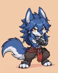 amber_eyes angry anthro blue_body blue_fur blue_hair bottomwear chibi clothing crossed_arms feral fluffy fluffy_ears fluffy_tail fur hair long_hair male pants solo tuft alastorgj fell_(fenrir) animal_humanoid canid canine canis humanoid mammal mammal_humanoid wolf hi_res