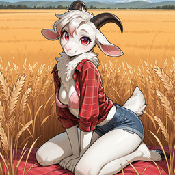 anthro bedding blanket bottomwear bra clothed clothing cute_pose cutoffs denim denim_clothing expectant female field flannel_shirt fur horn kneeling_on_ground leaning leaning_forward looking_at_viewer loose_bra neck_tuft nipple_slip open_clothing open_shirt open_topwear picnic_blanket pink_bra pink_clothing pink_underwear red_clothing red_eyes red_shirt red_topwear rolled_up_sleeves scut_tail shirt short_tail shorts smile solo tease topwear tuft underwear wheat wheat_field white_body white_fur wickerbasket bovid caprine goat mammal hi_res