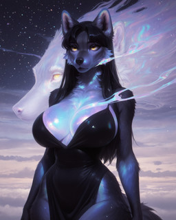 anthro big_breasts black_body black_clothing black_hair blue_body breasts clothed clothing dress female fur grey_body hair long_hair looking_at_viewer sky solo star yellow_eyes gridanon canid canine canis mammal spirit wolf absurd_res hi_res stable_diffusion