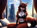 anthro bed canid canine clothed clothing female fox fur furniture green_eyes hair hi_res jewelry lingerie looking_at_viewer mammal mercrantos necklace on_bed red_body red_fur red_hair smile solo