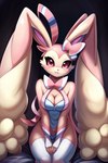 2:3 anthro bed black_sclera blush bodysuit bow_ribbon breasts cleavage clothed clothing colored craftykittydog curvy_figure eeveelution female fingerless_gloves fluffy_ears fur furniture generation_4_pokemon generation_6_pokemon gloves handwear hourglass_figure hybrid kemono legwear looking_at_viewer lopunny mammal medium_breasts pink_eyes pinup pokemon pokemon_(species) pose self_upload simple_background sitting skinny skinsuit solo solo_focus sylveon tan_body tan_fur thigh_highs tight_clothing white_clothing
