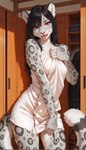 anthro black_hair chest_tuft female fluffy fluffy_tail fur gesture grey_body grey_fur hair inner_ear_fluff locker_room looking_at_viewer open_mouth pointing red_eyes smile solo spots spotted_body spotted_fur standing tongue tongue_out towel tuft wet wet_body wet_fur wet_hair white_body white_fur ilmpbx felid mammal pantherine snow_leopard absurd_res hi_res signature
