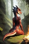 amber_eyes anthro black_body black_scales butt countershading female fire forest horn looking_at_viewer moss nostrills plant rear_view red_body red_scales scales sitting solo tree white_body white_countershading woods damion_moore kobold scalie hi_res