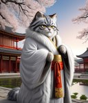 anthro asian_clothing clothing east_asian_clothing felid feline garden hi_res japanese_clothing japanese_house male mammal pallas's_cat pond