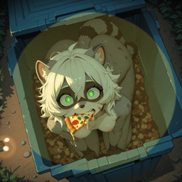 anthro black_body black_fur black_nose breasts female flashlight fluffy fluffy_tail food fur green_eyes grey_body grey_fur hair high-angle_view inner_ear_fluff leaf looking_up_at_viewer multicolored_body multicolored_fur nervous night nipples nude pink_nipples pizza round_ears sharp_teeth shocked sitting solo striped_body striped_fur stripes surprise teeth trash_can tuft white_hair wide_eyed rizzenwolf_(director) mammal procyonid raccoon hi_res