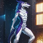 abs absurd_res anthro arm_tuft athletic athletic_anthro crotch_tuft female flat_chested fur genitals hair hand_behind_back hi_res jamesthesergal long_hair navel nude plant purple_body purple_fur pussy sergal simple_background small_waist smile snow solo tuft white_body white_fur