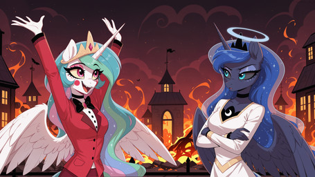 anthro blue_eyes building choker clothing cosplay crossed_arms crossover crossover_cosplay crown duo eyelashes female fire fluffy fur halo happy hell horn jewelry mane necklace open_mouth open_smile pockets red_eyes smile teeth topwear vest white_body white_fur wings yiffmix_v61_(model) daren666 friendship_is_magic hazbin_hotel my_little_pony charlie_morningstar princess_celestia_(mlp) princess_luna_(mlp) angel demon equid equine mammal winged_unicorn absurd_res hi_res stable_diffusion