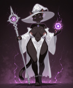 5_fingers 5_toes anklet anthro areola areola_slip barefoot big_breasts biped black_body black_breasts black_fur black_tail breasts cheek_tuft choker claws cleavage clothed clothed_anthro clothed_female clothing collar curvy_figure dress eyebrows eyelashes facial_tuft feet female female_anthro finger_claws fingers fog front_view fur glistening glowing hat headgear headwear holding_object holding_staff humanoid_feet inner_ear_fluff jewelry looking_at_viewer magic magic_user monotone_body monotone_breasts monotone_fur monotone_tail nails narrowed_eyes navel necklace nipples orb partially_clothed pawpads paws pink_areola pink_nipples pink_pawpads plantigrade purple_eyes robe sagging_breasts simple_background skimpy smile solo staff standing tail thick_thighs toe_claws toes tuft walking whiskers white_clothing white_dress white_eyebrows white_hat white_headwear wide_hipped_female wide_hips witch witch_hat burioth domestic_cat felid feline felis mammal absurd_res digital_media_(artwork) full-length_portrait hi_res portrait