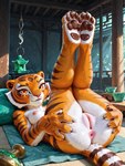 anthro anus breasts butt butt_grab completely_nude dreamworks female fur furniture genitals hair hand_on_butt innie_pussy inside legs_together legs_up lying nipples nude on_back pussy rear_view red_eyes solo table temple majorrenegade kung_fu_panda master_tigress felid mammal pantherine tiger detailed hi_res