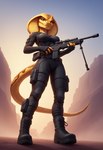 anthro belt belt_pouch bodysuit breasts canyon clear_sky clothing female female_focus fingerless_gloves gloves gun handwear harness high_boots knee_pads long_tail looking_at_viewer low-angle_view medium_breasts missing_finger ranged_weapon red_eyes rifle rock rock_path scales skinsuit small_waist snake_hood sniper_rifle solo solo_focus standing tight_clothing weapon yellow_body yellow_scales rune_parrot cobra reptile scalie snake full-length_portrait hi_res portrait