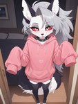 anthro bed bedroom blep blush clothing collar fangs female furniture hair hoodie legwear long_hair looking_at_viewer piercing red_sclera smile solo stockings tongue tongue_out topwear white_eyes director_myrlonel loona_(helluva_boss) absurd_res hi_res