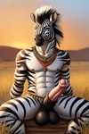 animal_genitalia animal_penis anthro balls big_balls big_penis black_balls chair equid equine equine_genitalia equine_penis furniture genitals jewelry male mammal outdoor penis savanna sit solo solo_focus stripes tribal tribal_clothing tribal_jewelry yiff_ai zebra