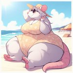 anthro beach big_breasts breasts cloud eyewear female fur hair light morbidly_obese obese overweight sea seaside solo sun_hat sunglasses sunlight thick_thighs umbrella water white_body white_fur white_hair wide_hips blackgum mammal murid murine rat rodent