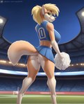 absurd_res anthro anus blonde_hair blue_bottomwear blue_clothing blue_skirt blue_topwear bottomwear brown_nose canid canine canis cheerleader cheerleader_outfit clothed clothing clothing_lift domestic_dog female fluffy fur genitals hair hi_res inner_ear_fluff mammal orange_body orange_fur pom_poms pussy seductive skirt skirt_lift sleepdirector solo solo_focus tail topwear tuft