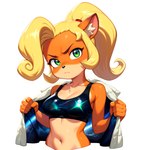 anthro blonde_hair breasts clothing female green_eyes hair jacket long_hair ponytail simple_background solo topwear anonymous_director crash_bandicoot_(series) coco_bandicoot mammal marsupial