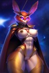 abs absurd_res alien anthro athletic athletic_anthro avian beak breasts cape clothing female genitals harness hi_res hybrid navel nipples nude pussy shroomie solo space thick_thighs