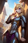 anthro armor blonde_hair female fur hair knight purple_eyes solo warrior white_body white_fur mindry auralissa_(mindry) canid canine canis mammal wolf