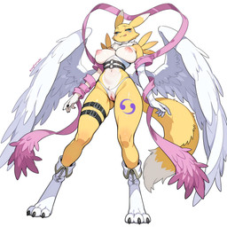 anthro asymmetrical_clothing big_breasts black_claws black_fingernails black_sclera blue_eyes boots breasts claws clothing crotchless_bottomwear crotchless_clothing crotchless_panties crotchless_underwear exposed_breasts facial_markings feathered_wings feathers female fingernails footwear front_view fur fur_markings genitals gloves handwear head_markings leather_straps leg_strap licking licking_lips looking_at_viewer looking_down marking markings multicolored_body nails neck_tuft nipples panties paws pink_clothing pink_nipples pink_pussy pubic_fuzz pussy shawl smug solo spread_wings standing straps straps_across_chest tail tail_aside thong tongue tongue_out tuft two_tone_body underwear view_from_below white_body white_boots white_clothing white_footwear white_fur white_gloves white_handwear wings yellow_body yellow_fur yellow_tail kingfurryai digimon angel angewomon canid canine digimon_(species) fox hybrid mammal renamon absurd_res full-length_portrait hi_res portrait