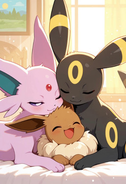 ambiguous_gender black_body black_fur blush brown_body brown_fur eyes_closed family father_and_child feral fur group half-closed_eyes happy husband_and_wife inside married_couple narrowed_eyes one_eye_closed open_mouth pink_body pink_fur size_difference anguirus12345 nintendo pokemon eevee eeveelution espeon generation_1_pokemon generation_2_pokemon pokemon_(species) umbreon detailed hi_res father_(lore) father_and_child_(lore) father_and_son_(lore) female_(lore) male_(lore) mother_(lore) mother_and_child_(lore) mother_and_son_(lore) parent_(lore) parent_and_child_(lore) parent_and_son_(lore) son_(lore)