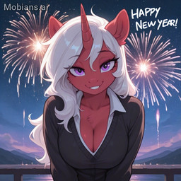 anthro fireworks fur gynomorph hair horn intersex looking_at_viewer new_year purple_eyes rcdark71_(prompter) red_body red_fur smile solo white_hair mobians.ai red_flare_(oc) equid equine horse mammal pony unicorn