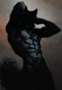 abs anthro black_body flexing gradient_background looking_at_viewer male muscular navel red_eyes simple_background solo standing takion canid canine canis mammal wolf hi_res