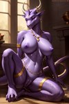 anonymous_director anthro big_breasts breasts detailed_background dragon female genitals gold_(metal) gold_jewelry hi_res horn inside jewelry kneeling looking_at_viewer nipples non-mammal_breasts non-mammal_nipples purple_body purple_scales pussy scales scalie solo spread_legs spreading