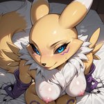 anthro big_breasts blue_eyes breasts female fur looking_at_viewer nipples presenting smile solo tuft white_body yellow_body yellow_fur nenvul canid canine digimon_(species) mammal renamon hi_res