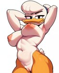 accessory anthro bangs beak black_eyes breasts disney ducktales ducktales_(2017) eyeliner female frown furrowed_brow genitals hair hair_accessory hair_bun hairband hands_behind_head looking_at_viewer looking_down_at_viewer low-angle_view makeup narrowed_eyes nipples non-mammal_nipples orange_legs pussy scut_tail short_tail simple_background solo tuft white_background white_body white_hair white_skin cloud9999 daisy_duck anatid anseriform avian bird duck absurd_res hi_res portrait three-quarter_portrait