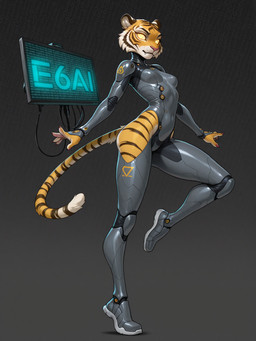 5_fingers anthro bodysuit clothing female fingers fur glowing glowing_eyes screen skinsuit solo stripes tail teeth tight_clothing wire yellow_body yellow_eyes yellow_fur dragonflame e6ai mascot_2025 felid mammal pantherine tiger hi_res