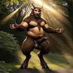 absurd_res animal_genitalia animal_penis anthro belly body_hair equine_genitalia equine_penis genitals hairy hi_res hooves horn male nude outdoors outside overweight penis plant pup_tobey satyr solo tree