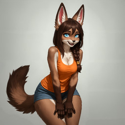 5_fingers anthro blue_eyes bottomwear braided_hair breasts brown_body brown_fur brown_hair chest_tuft claws cleavage clothed clothing countershading denim denim_clothing female fingers fur gloves_(marking) hair inner_ear_fluff long_hair looking_at_viewer markings open_mouth orange_clothing orange_topwear realesrgan_x2_(upscaler) remacri_original_(upscaler) shirt shorts simple_background smile solo tail tank_top teeth topwear tuft white_body white_fur crashbandit canid canine canis fox mammal comfyui_(software) digital_media_(artwork) indigolattemix_(model) nai-diffusion-4-full_(model) prompt_metainfo shaded