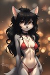 5_fingers anthro bikini black_hair black_nose brown_eyes claws clothing collar countershading_fur female finger_claws fingers fluffy hair looking_at_viewer simple_background solo standing swimwear tail numeradin canid canine canis mammal wolf hi_res