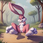 3_toes absurd_res anthro babs_bunny breasts buckteeth feet female foot_fetish foot_focus genitals hi_res lagomorph leporid long_ears mammal nature nature_background pink_body rabbit seductive sitting_on_ground smile smiling_at_viewer solo splice teeth toes