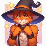 ambiguous_gender anthro bing_image_creator blush clothing collar fur ginger_fur gold_eyes hat headgear headwear jamster jay_(jamster) male orange_body orange_fur solo submissive wizard_hat domestic_cat felid feline felis mammal digital_media_(artwork)