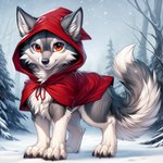 all_fours canid canine canis clothed clothing countershading cub female feral forest fur grey_body grey_fur hood little_red_riding_hood mammal multicolored_body multicolored_fur nature nature_background neutron_alchemist orange_eyes plant red_eyes red_hood smile snow solo standing tree two_tone_body two_tone_fur two_tone_tail white_body white_countershading white_fur winter wolf young