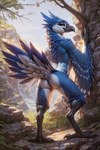 anthro beak bird_feet bird_legs blue_body blue_eyes blue_feathers butt day detailed_background detailed_feathers feathered_wings feathers female genitals half-closed_eyes leaning_on_wall looking_at_viewer looking_back mountains narrowed_eyes nude outdoors pussy rear_view scuted_legs scutes seductive solo standing tail_feathers talons winged_arms wings birdlover avian bird blue_jay corvid jay_(bird) new_world_jay oscine passerine absurd_res detailed hi_res