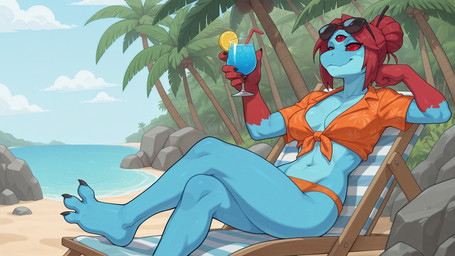 3_eyes 3_toes 5_fingers anthro beach beach_chair beverage bikini bikini_bottom black_claws blue_body breasts chair claws clothing cloud container crossed_legs cup day eyewear eyewear_on_head feet female fingers forest furniture hair hair_bun holding_beverage holding_cup holding_object inner_boob multi_eye multicolored_body navel on_chair orange_bikini orange_clothing orange_shirt orange_swimwear orange_topwear outside palm_tree plant red_body red_eyes red_hair rock sand sea seaside shirt sitting sitting_on_chair sky smile solo sunglasses sunglasses_on_head swimwear toes topwear tree water noverthink alien hylotl
