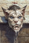 anthro blue_eyes bodily_fluids cum cum_in_mouth cum_inside cum_on_face female genital_fluids solo stuck through_wall hyperion felid khajiit mammal attempted_signature hi_res